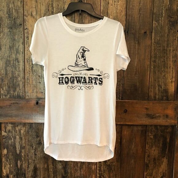 Harry Potter Sz L White Graphic Hogwarts Mystic Hat Short Sleeve Jersey T-Shirt - Picture 2 of 5